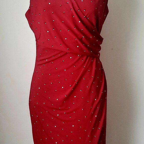 LE CHATEAU Y2K Red Faux Wrap Dress Gathered Detailing Small Geo Patten MEDIUM - Picture 3 of 8